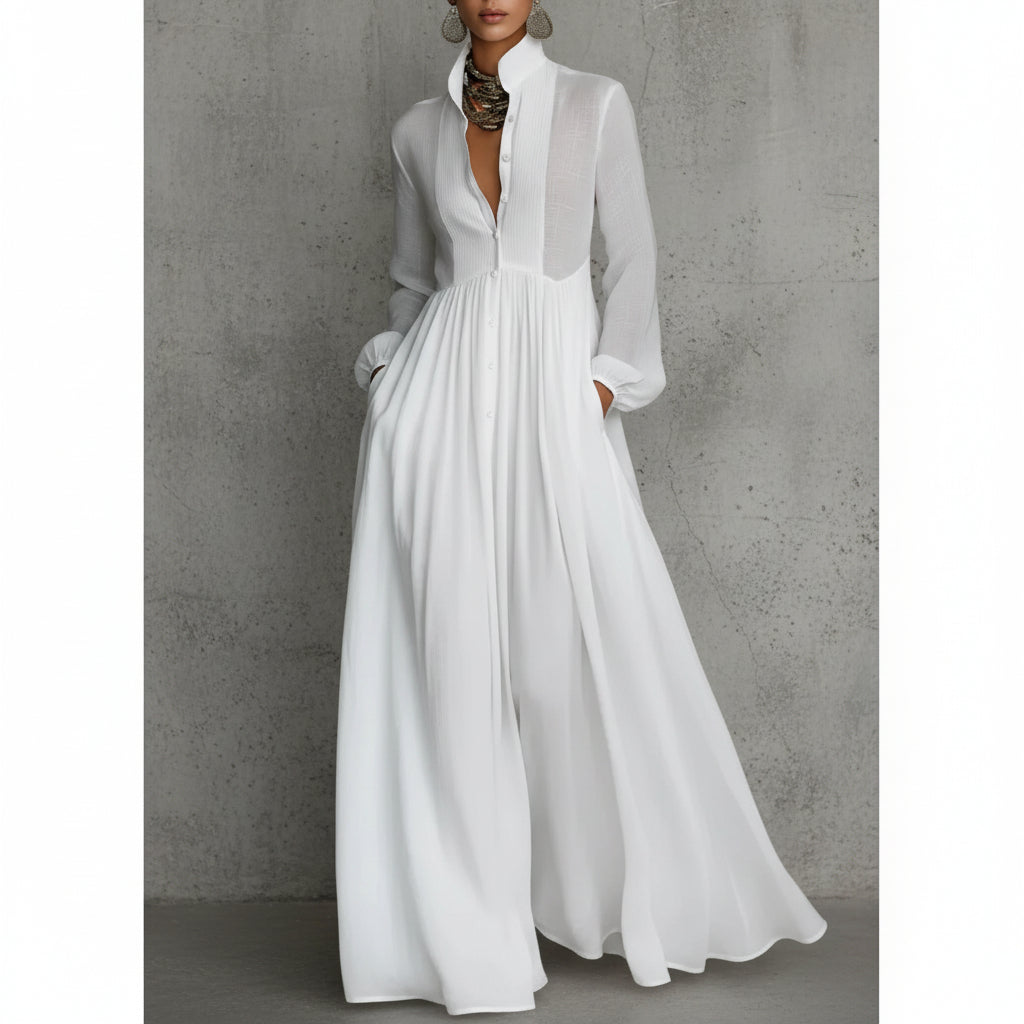 Women’s Shirt Style Maxi Dress with Pleated Skirt