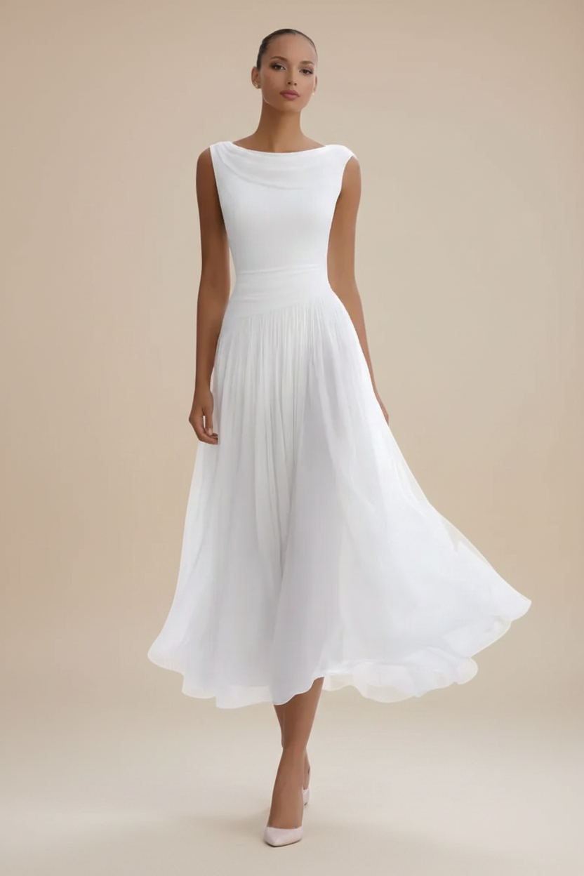 Women’s Sleeveless Cowl Neck Midi Dress with Sheer Overlay