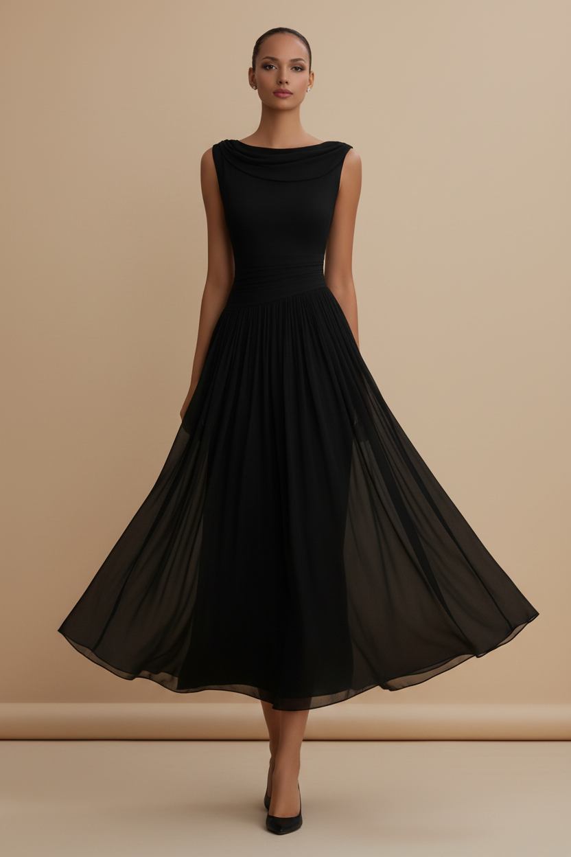 Women’s Sleeveless Cowl Neck Midi Dress with Sheer Overlay