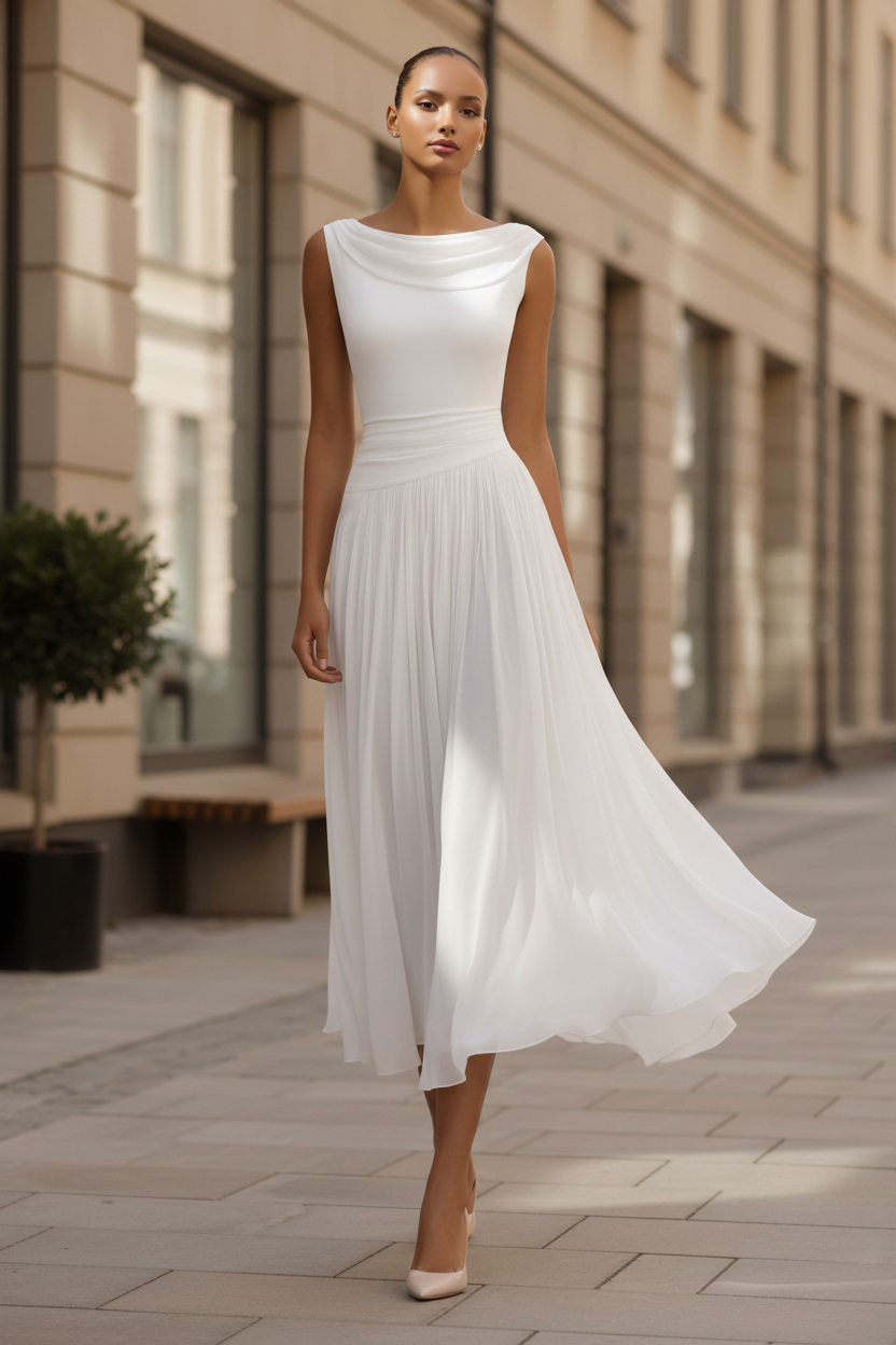 Women’s Sleeveless Draped Neck Pleated Midi Dress