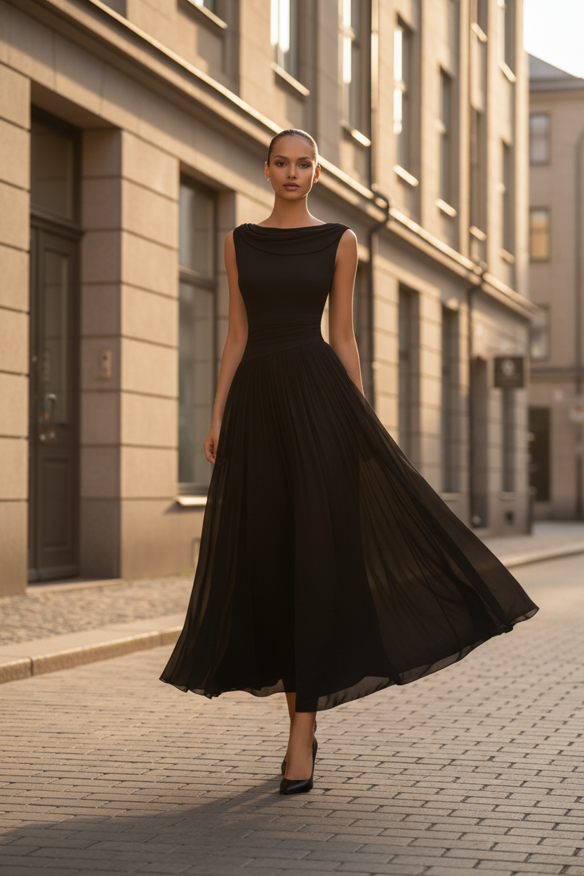 Women’s Sleeveless Draped Neck Pleated Midi Dress