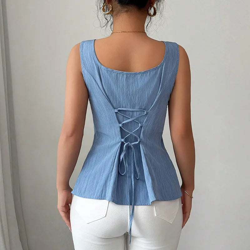 Women’s Sleeveless Peplum Top with Corset Tie Back