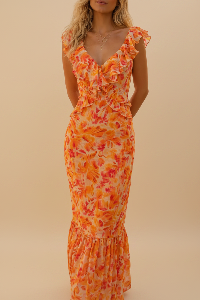 Women’s Sleeveless V-Neck Ruffle Trim Maxi Dress