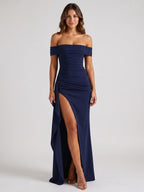 Womens Off-Shoulder Maxi Dress with High Slit and Short Sleeves