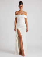Womens Off-Shoulder Maxi Dress with High Slit and Short Sleeves