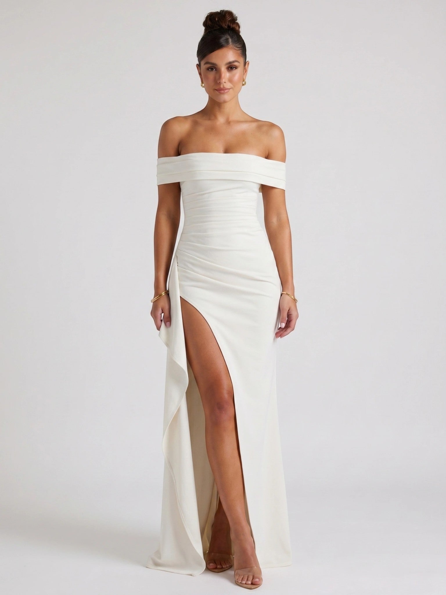 Womens Off-Shoulder Maxi Dress with High Slit and Short Sleeves