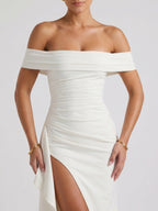 Womens Off-Shoulder Maxi Dress with High Slit and Short Sleeves