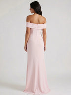 Womens Off-Shoulder Maxi Dress with High Slit and Short Sleeves