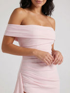 Womens Off-Shoulder Maxi Dress with High Slit and Short Sleeves