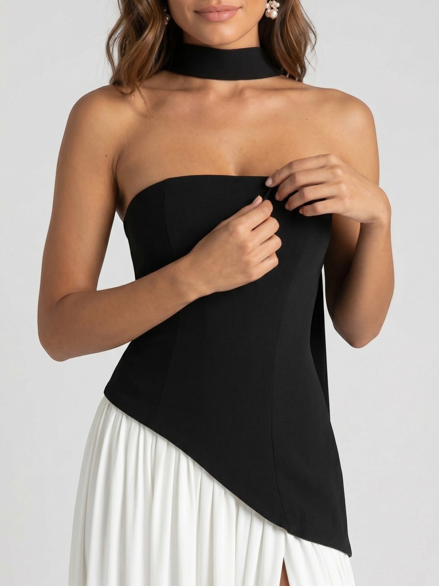 Womens Structured Corset Strapless Maxi Dress with High Slit