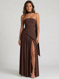 Womens Structured Corset Strapless Maxi Dress with High Slit