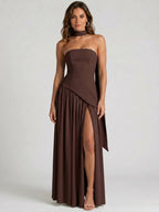 Womens Structured Corset Strapless Maxi Dress with High Slit