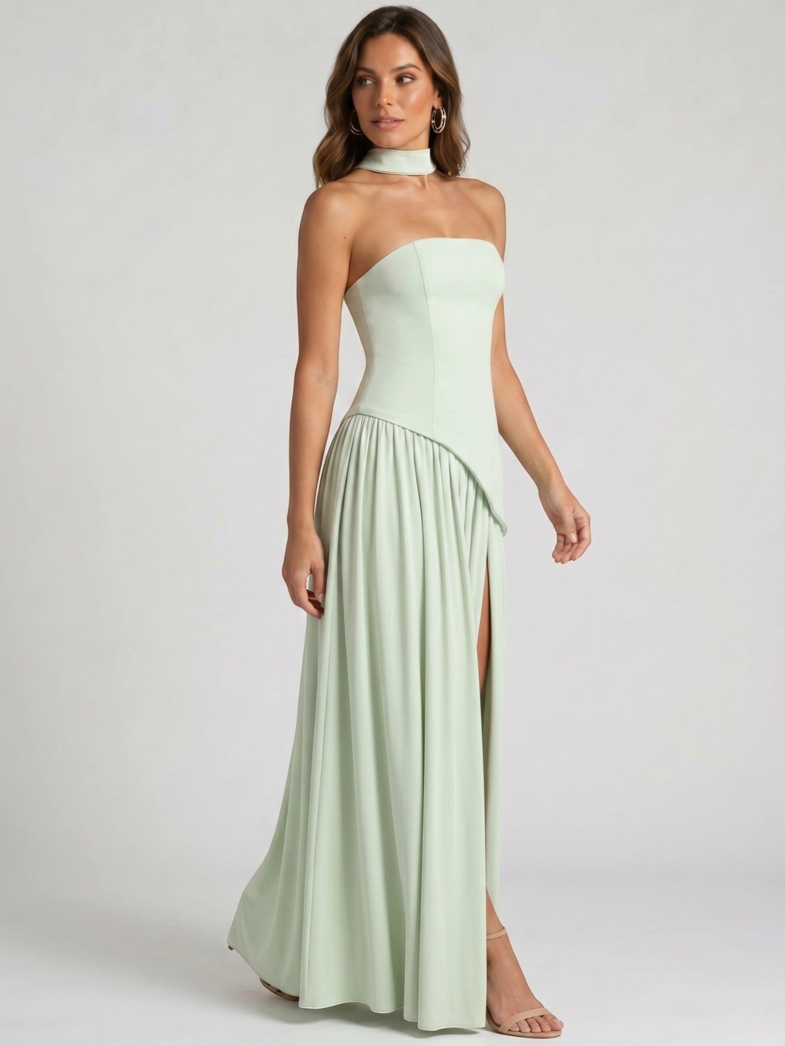 Womens Structured Corset Strapless Maxi Dress with High Slit