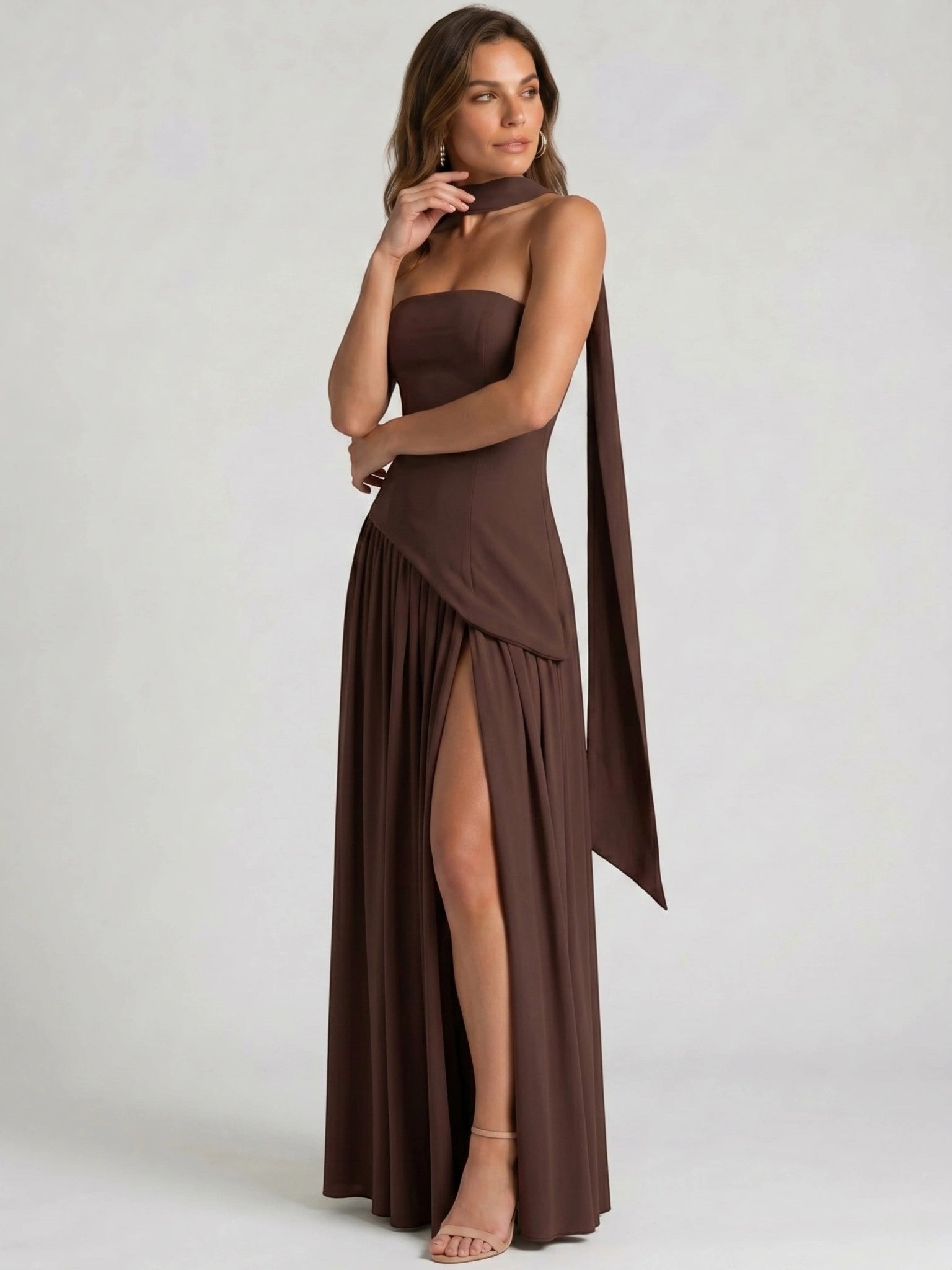 Womens Structured Corset Strapless Maxi Dress with High Slit