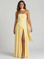 Womens Structured Corset Strapless Maxi Dress with High Slit