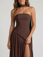 Womens Structured Corset Strapless Maxi Dress with High Slit