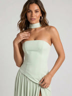 Womens Structured Corset Strapless Maxi Dress with High Slit