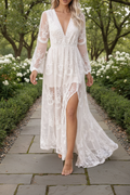 Women’s V-Neck Long Sleeve Lace Maxi Dress