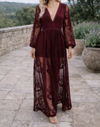 Women’s V-Neck Long Sleeve Lace Maxi Dress