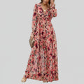 Women’s V-Neck Long Sleeve Pleated Floral Maxi Dress