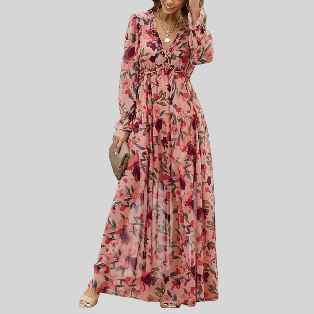 Women’s V-Neck Long Sleeve Pleated Floral Maxi Dress