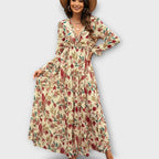 Women’s V-Neck Long Sleeve Pleated Floral Maxi Dress