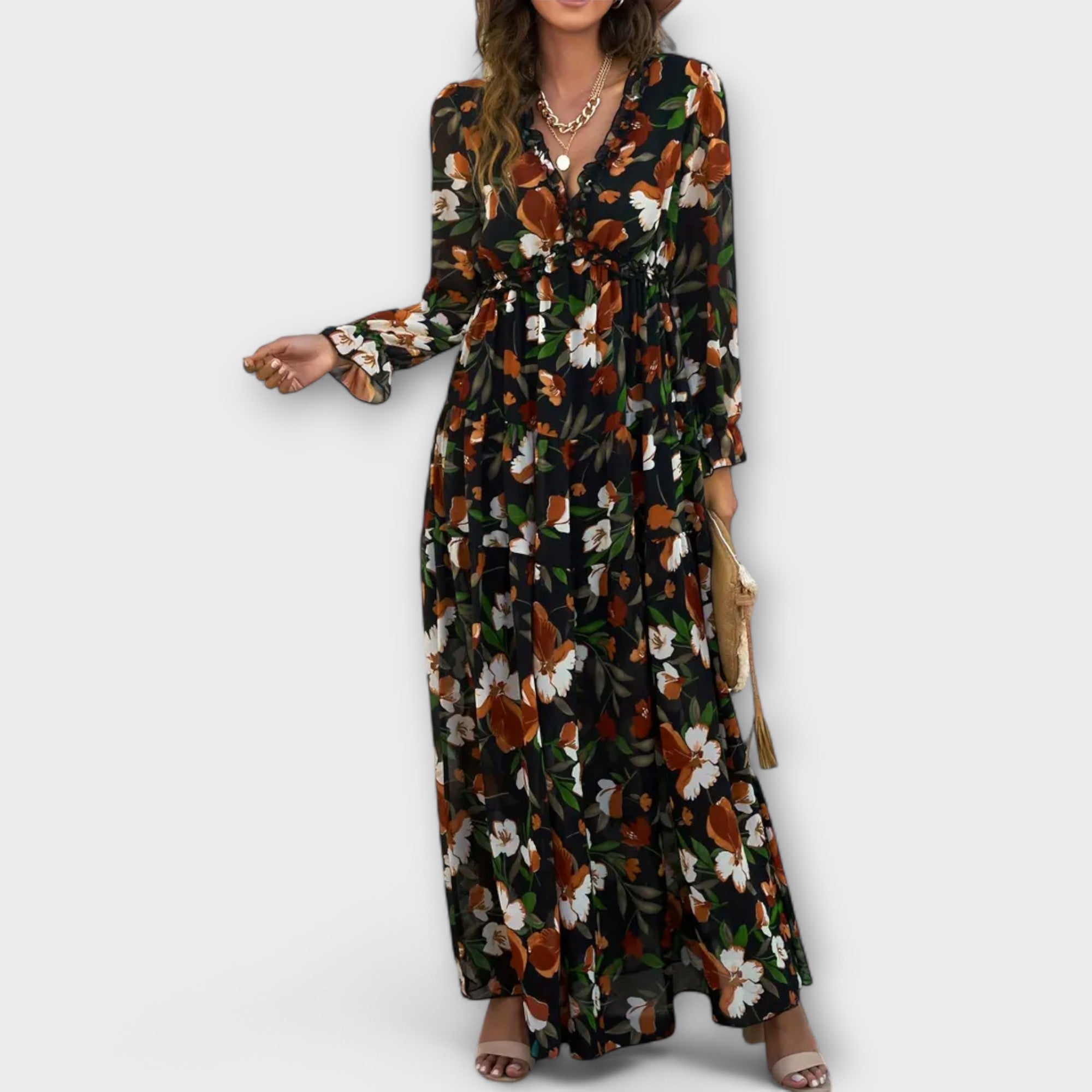 Women’s V-Neck Long Sleeve Pleated Floral Maxi Dress