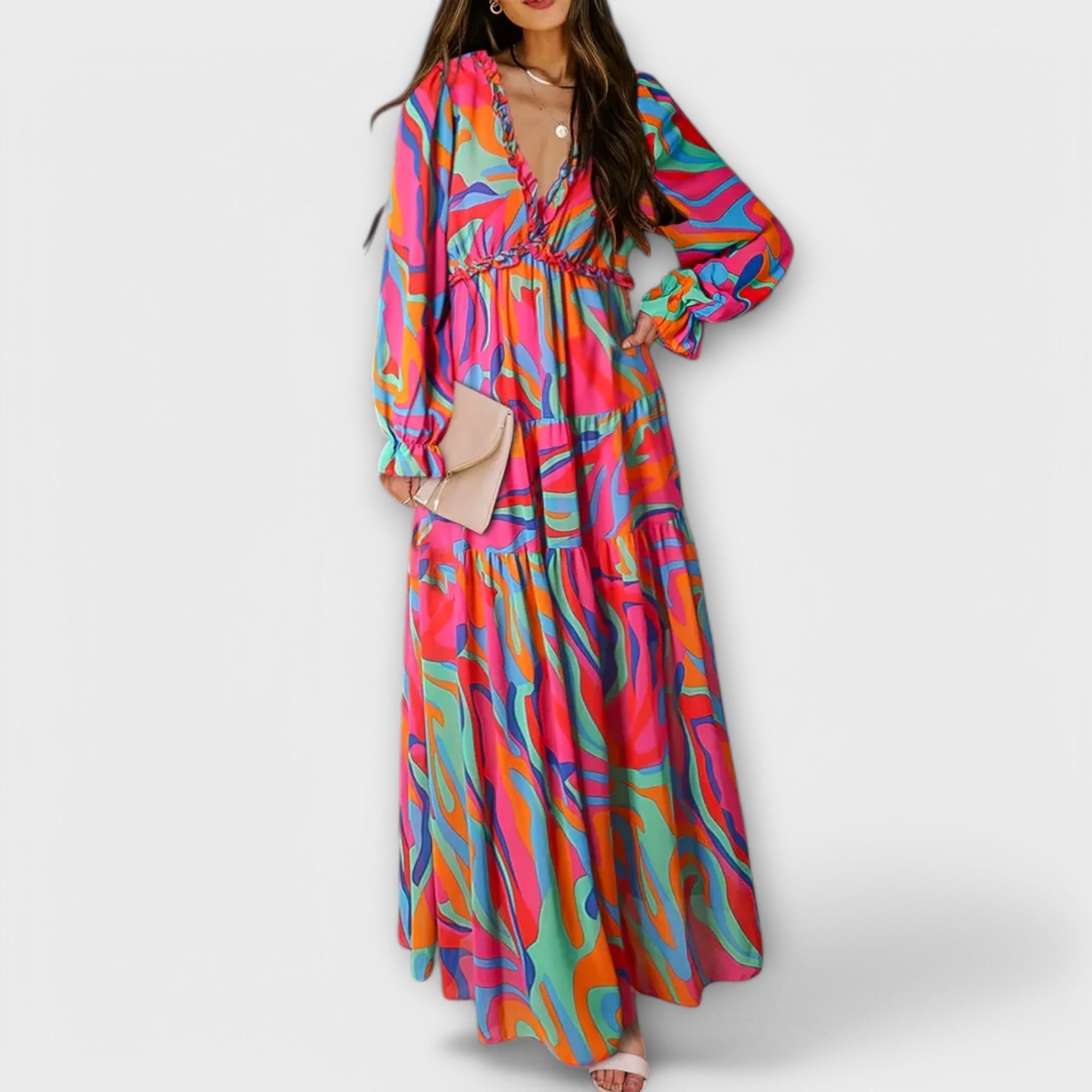 Women’s V-Neck Long Sleeve Pleated Floral Maxi Dress