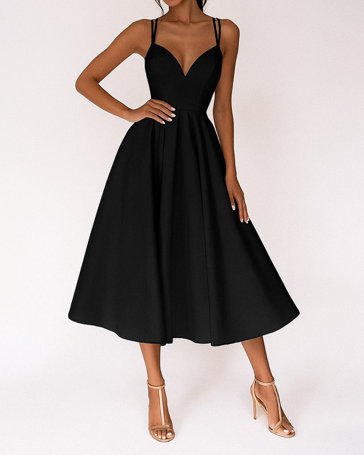Women’s V-Neck Midi Dress with Double Spaghetti Straps