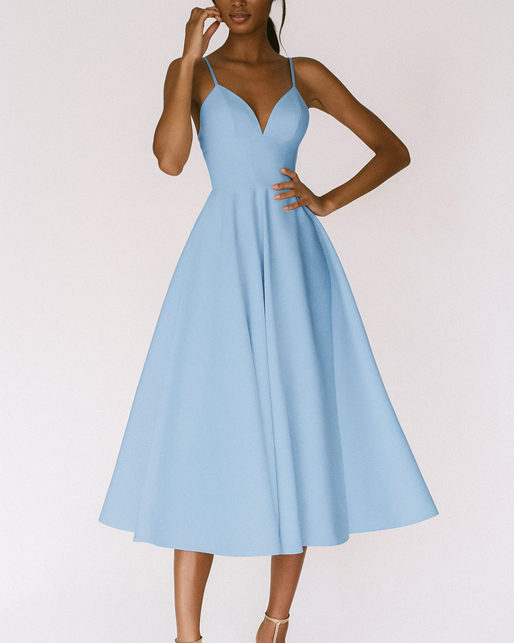 Women’s V-Neck Midi Dress with Double Spaghetti Straps