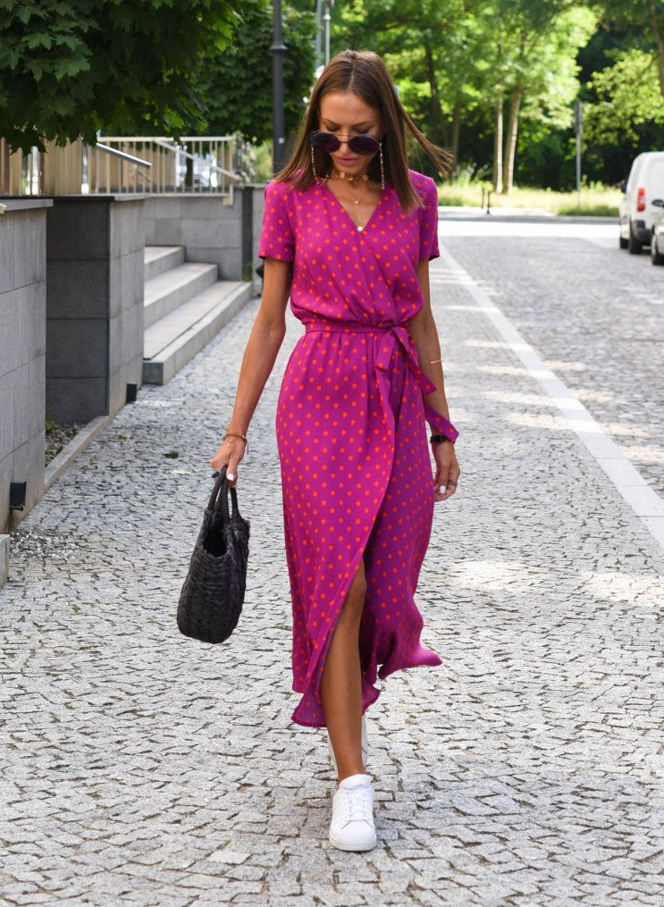Women’s V-Neck Wrap Midi Dress with Self-Tie Belt