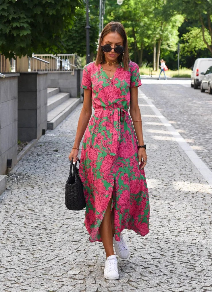 Women’s V-Neck Wrap Midi Dress with Self-Tie Belt