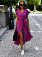Women’s V-Neck Wrap Midi Dress with Self-Tie Belt